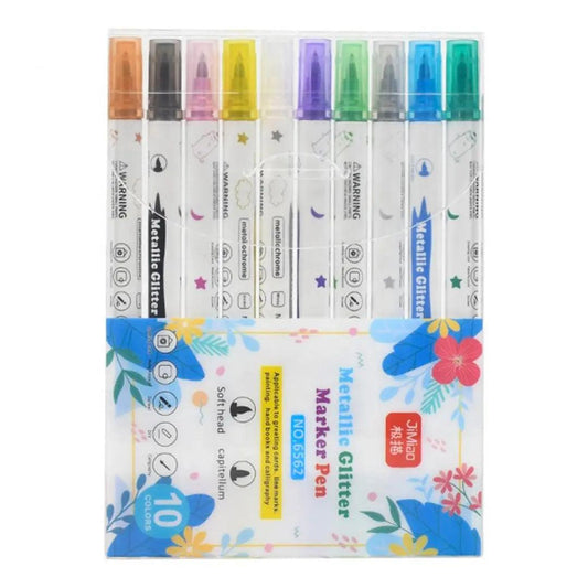 Metallic Glitter Marker Pen Set Double Head Soft Hard Head Highlighter Pack Of 10 - The Stationers