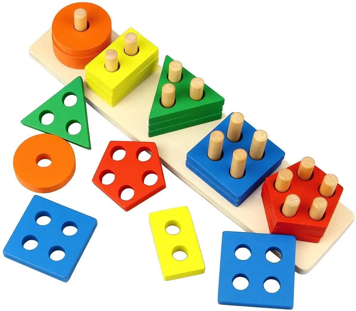 Wooden Educational Toys, Wooden Shape Color Sorting Preschool Stacking Blocks