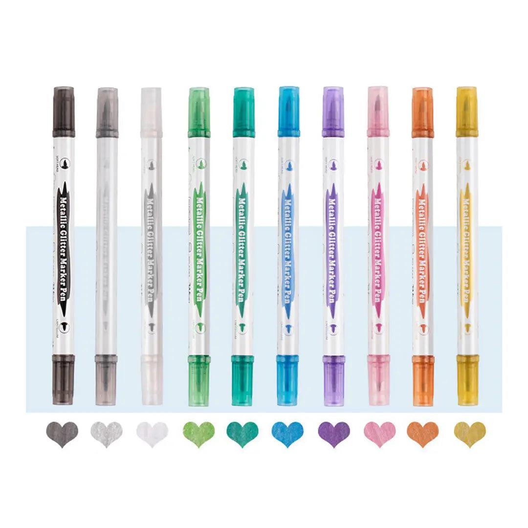 Metallic Glitter Marker Pen Set Double Head Soft Hard Head Highlighter Pack Of 10 - The Stationers