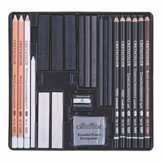 Cretacolor Black &amp; White Charcoal Set of 25 Pcs in Wooden Box The Stationers