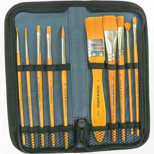 Daler Rowney Simply Gold Taklon Synthetic Hairs Brush Set of 10 Pcs With Zip Case. The Stationers