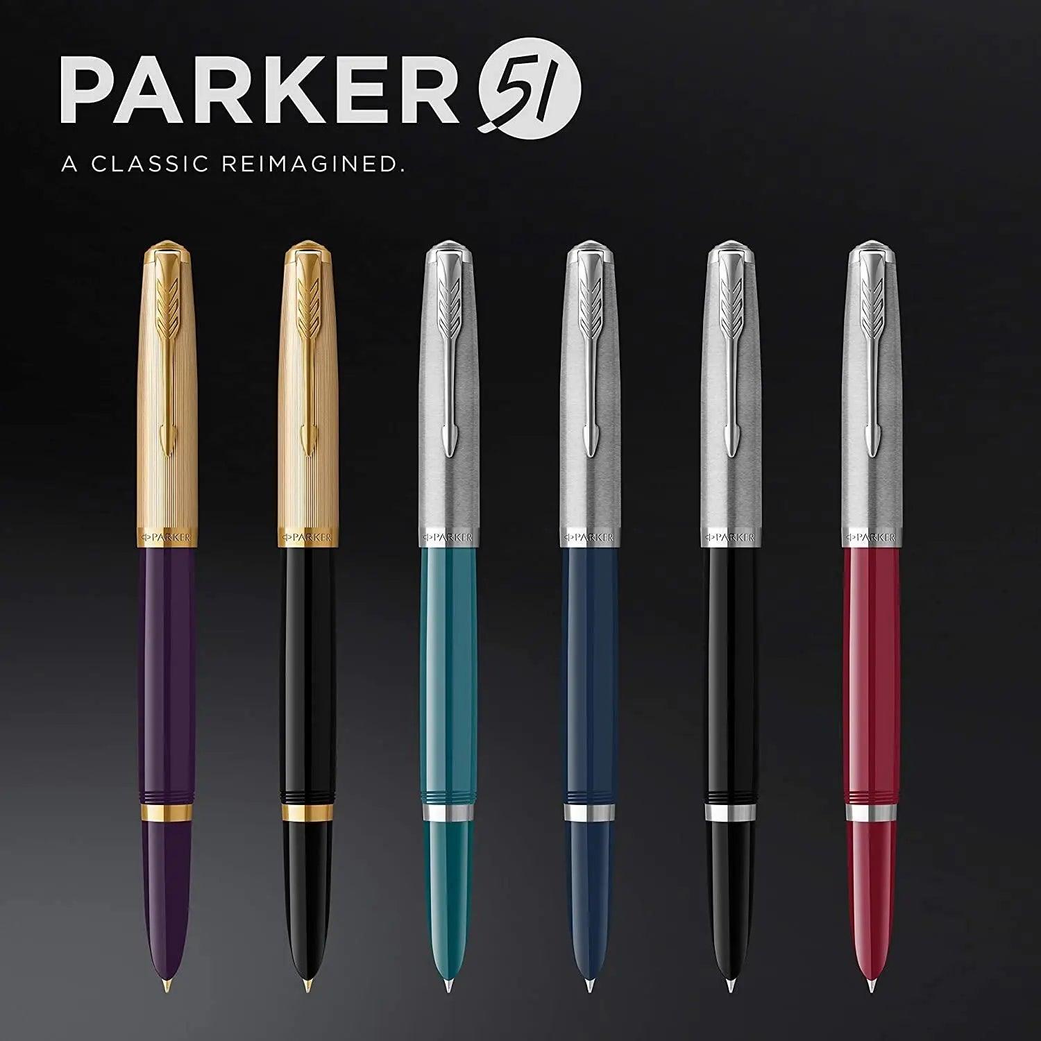 Parker 51 CT Fountain Pen | Black Barrel with Chrome Trim | Fine Nib with Black Ink Cartridge | Gift Box The Stationers