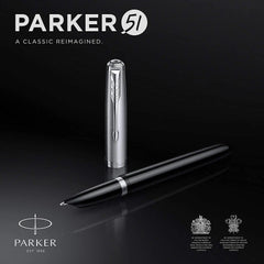 Parker 51 CT Fountain Pen | Black Barrel with Chrome Trim | Fine Nib with Black Ink Cartridge | Gift Box The Stationers