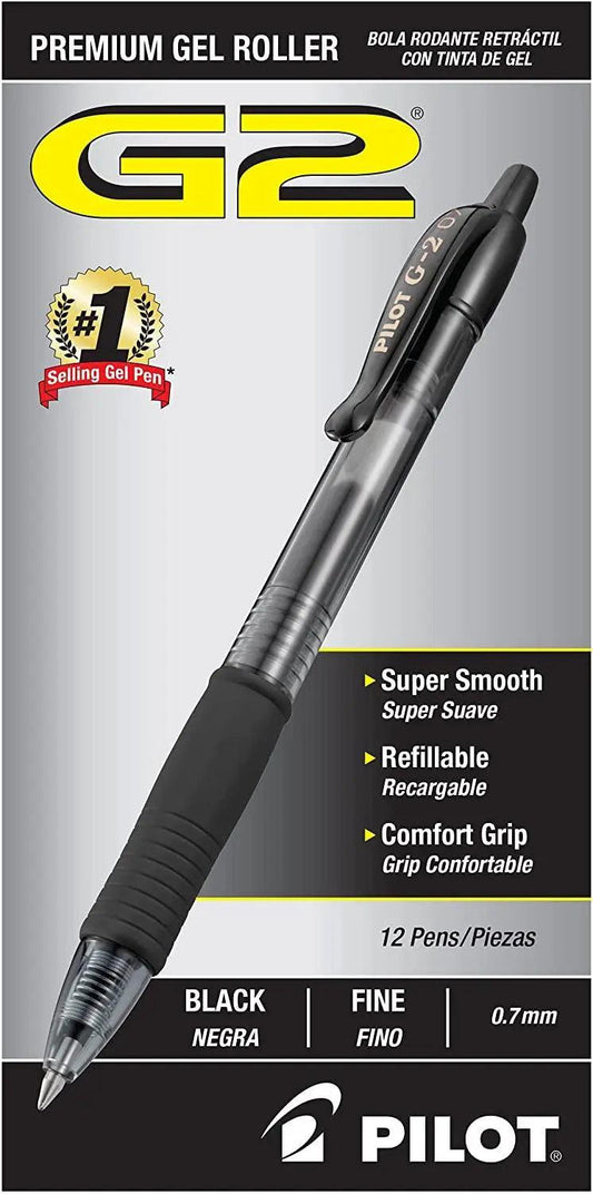 PILOT G2 Premium Refillable & Retractable Rolling Ball Gel Pens, Fine Point, Black Ink, 12-Pack (31020) The Stationers